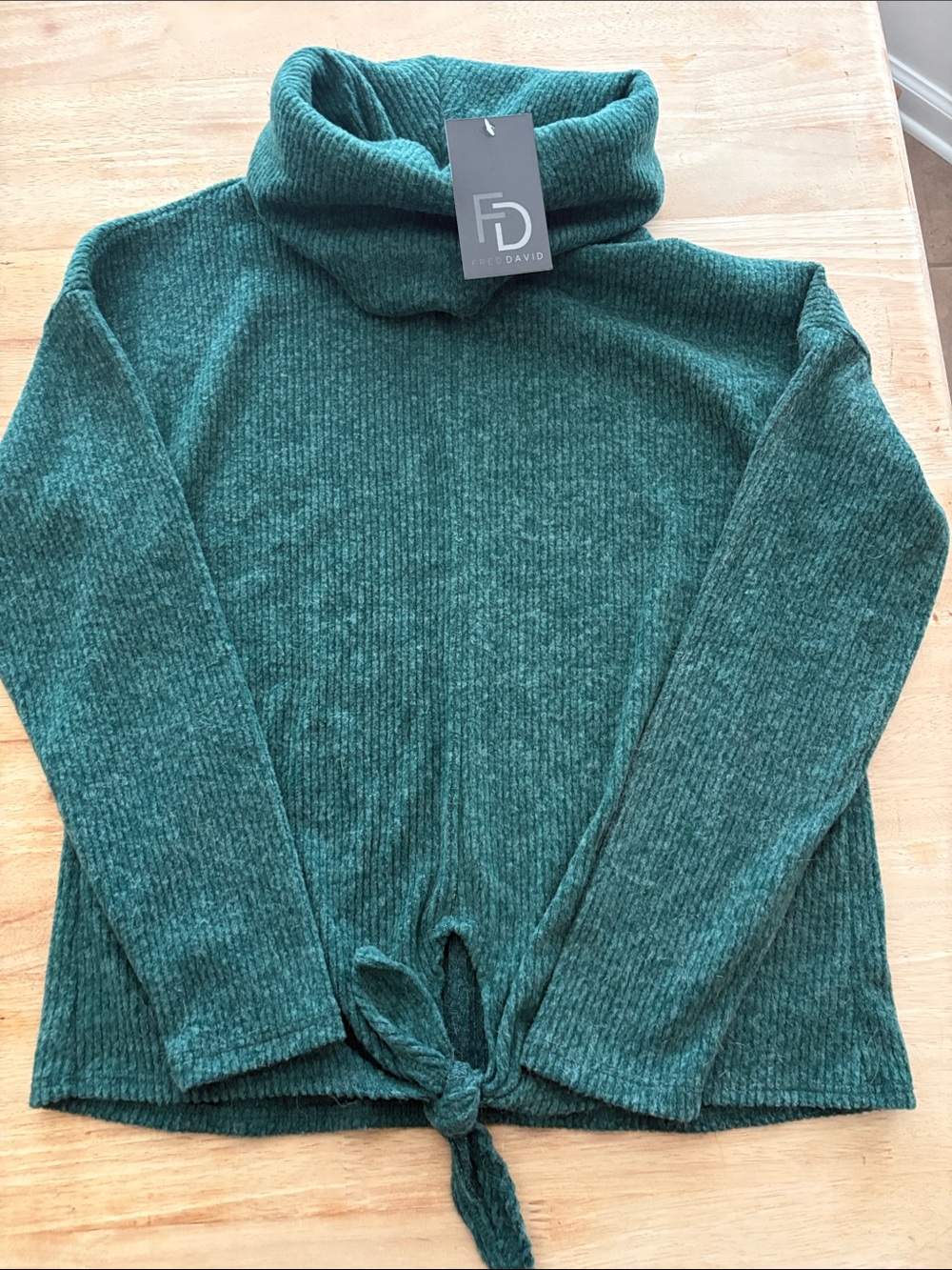 Fred David Dark Teal Ribbed Turtleneck Sweater with Front Tie